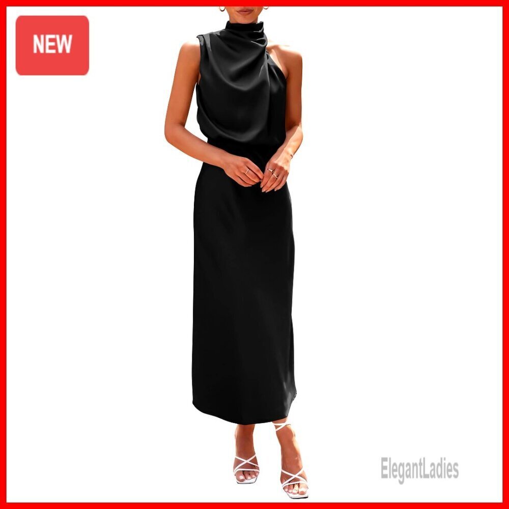 Satin Maxi Dress Sleeveless Mock Neck Cocktail Party Formal Summer
